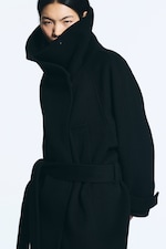 Noir - Manteau long en laine à col cheminée - 3