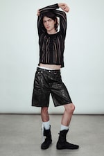 Black - Loose Low Rise Coated Denim Shorts - 0