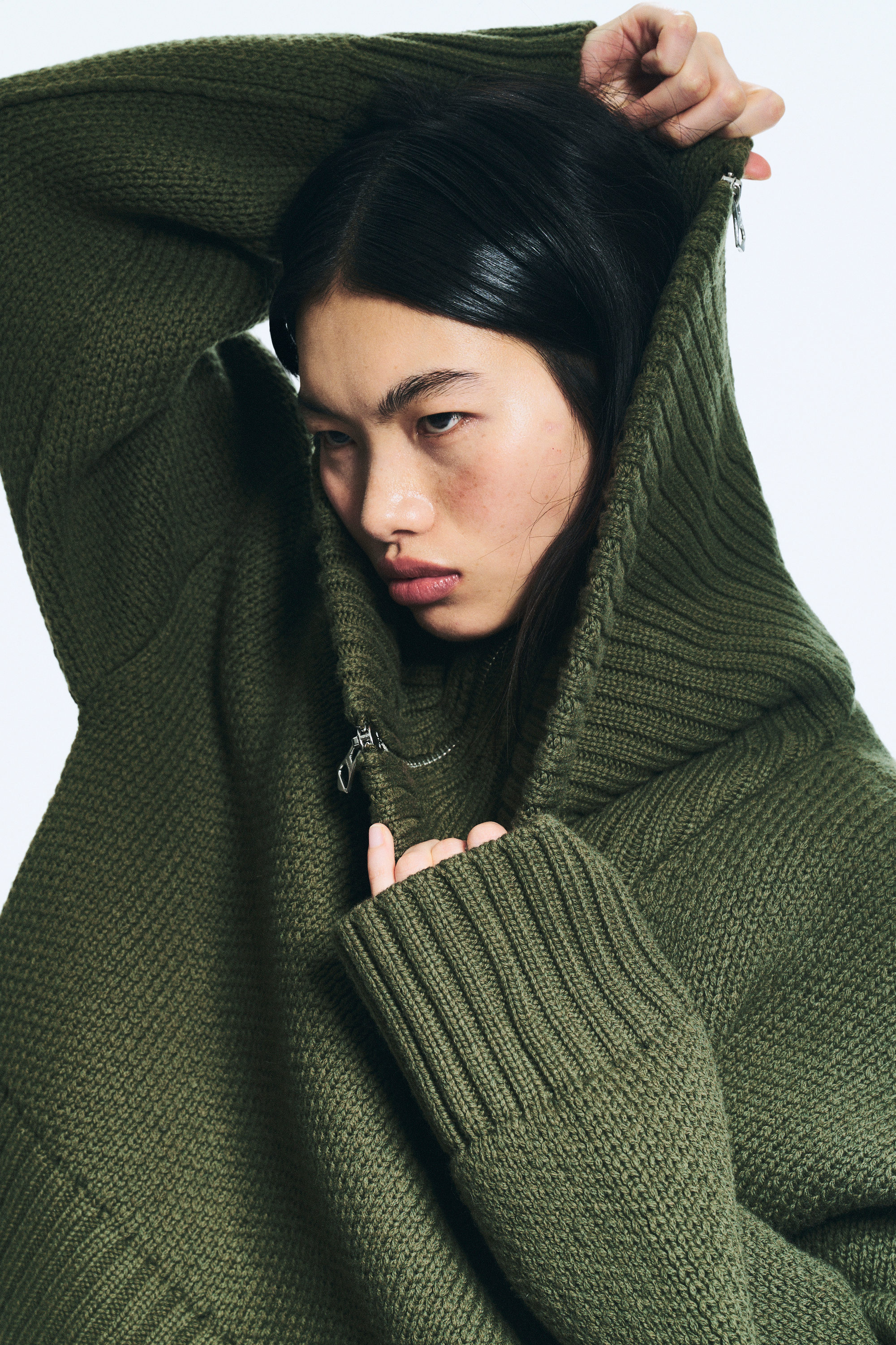 Khaki Green - Knitted Funnel Neck Dual Zip Sweater - 3