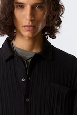 Black - Knitted Short-Sleeved Button-Up Shirt - 1