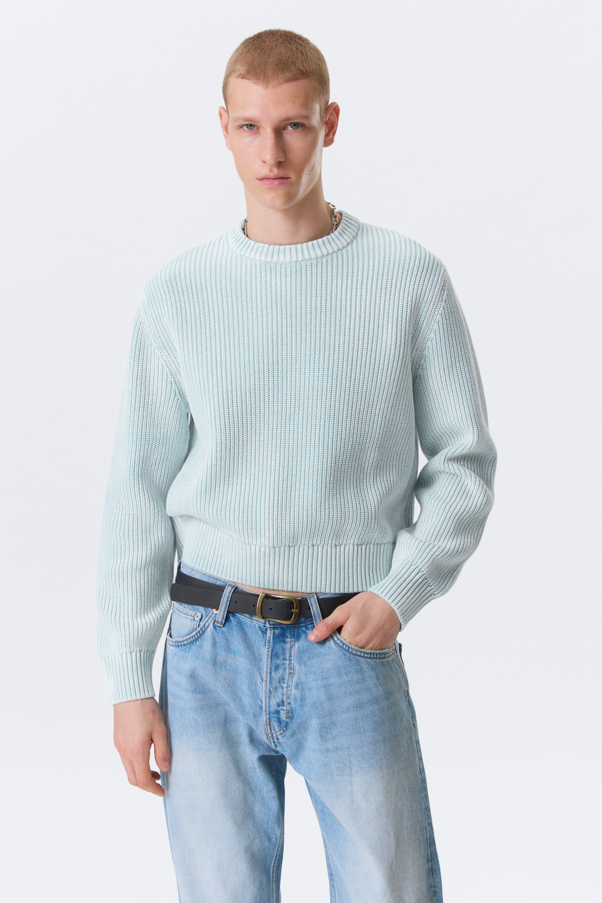 Washed Light Blue - Shrunken Knitted Cotton Sweater - 1