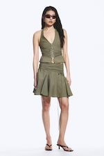 Vert kaki - Jupe midi taille mi-haute à nouer - 0
