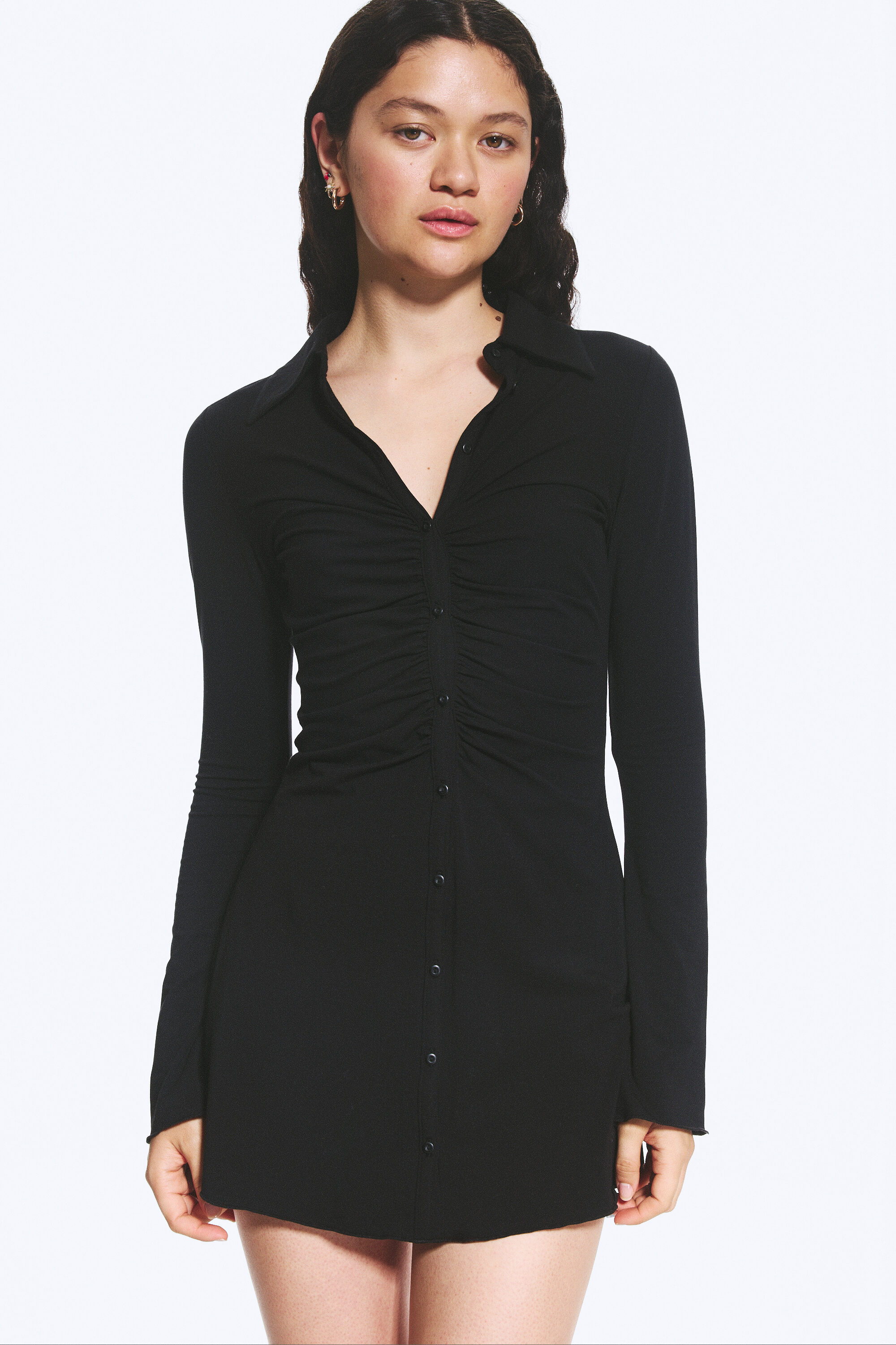 slim fit gathered long-sleeve dress - Black | Monki EU