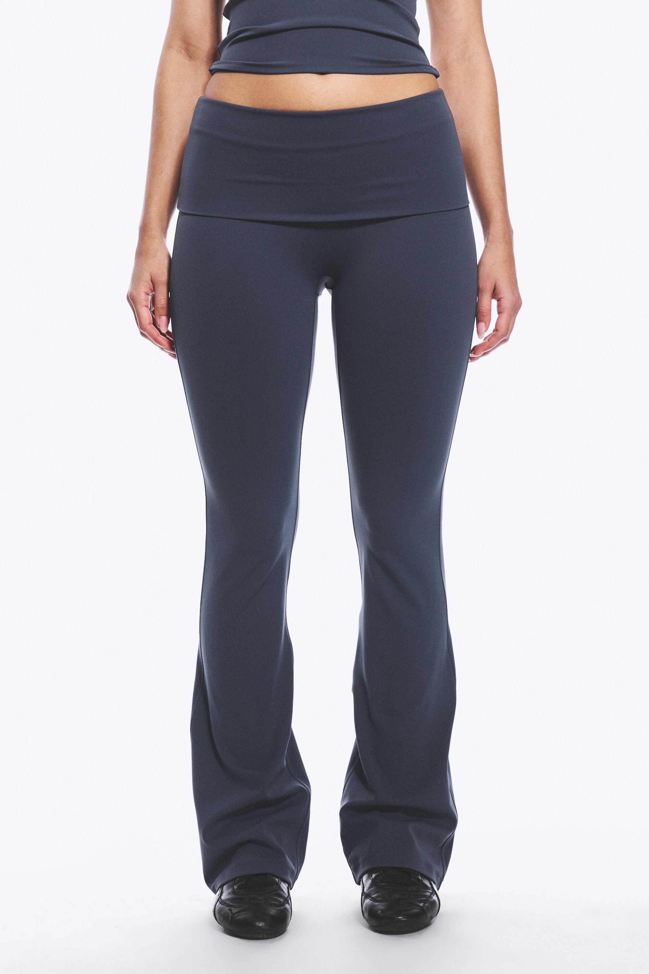 Dark Blue - Folded Waist Flared Yoga Tights - 1