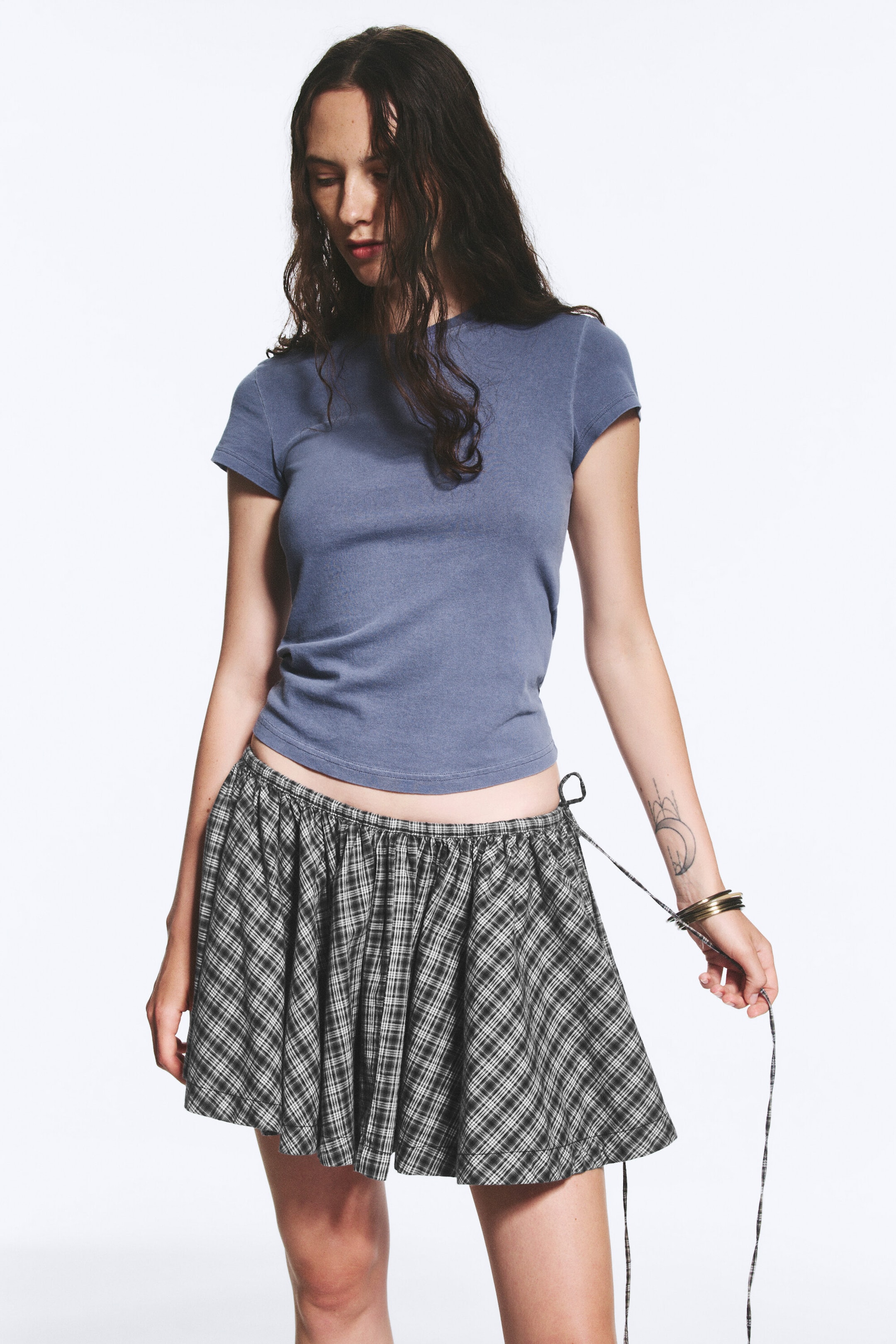 Checked Black/Grey - Drawstring mini skirt - 1