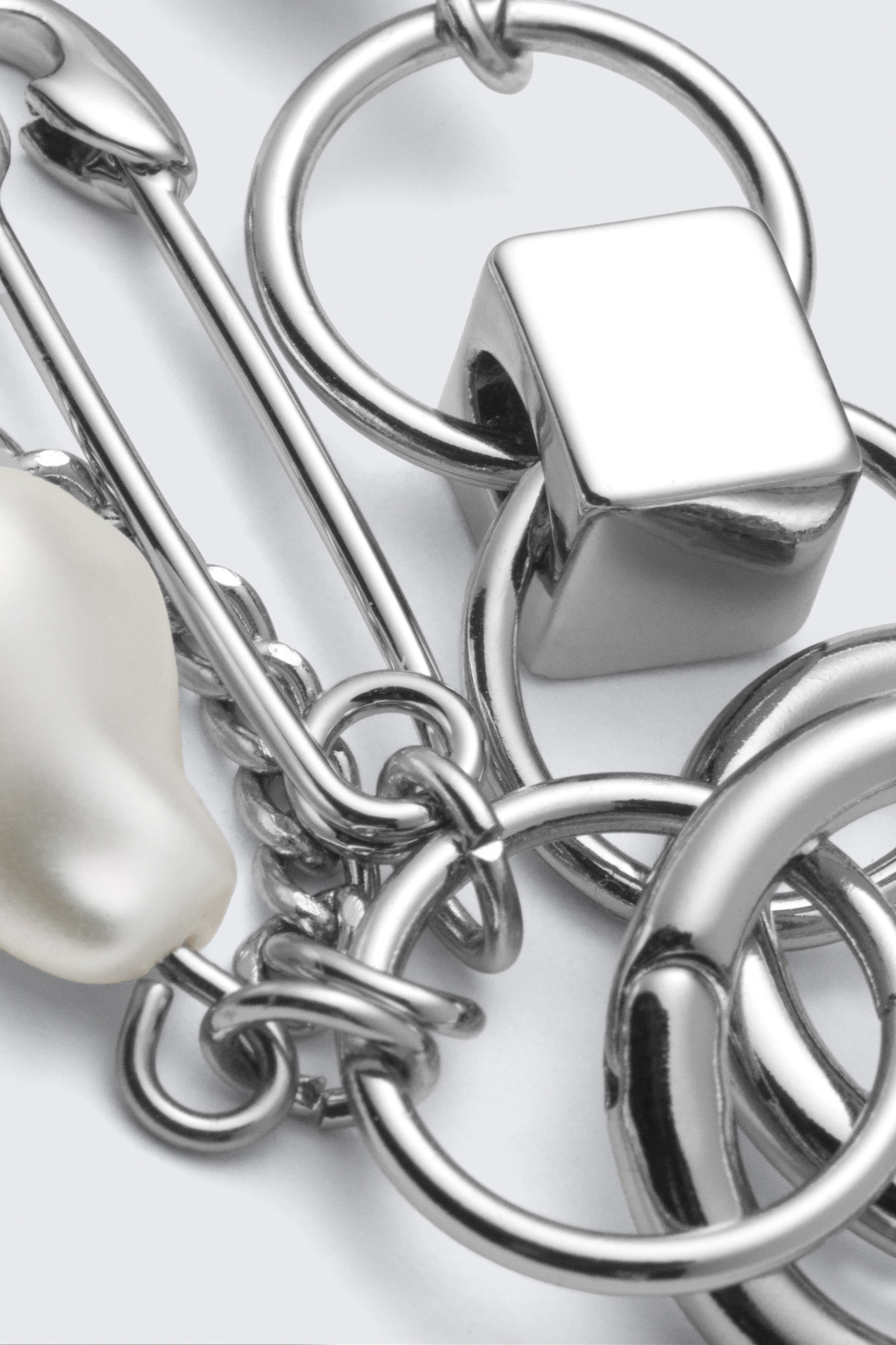 Silver - Asymmetric Pearl Hoop Earrings - 2