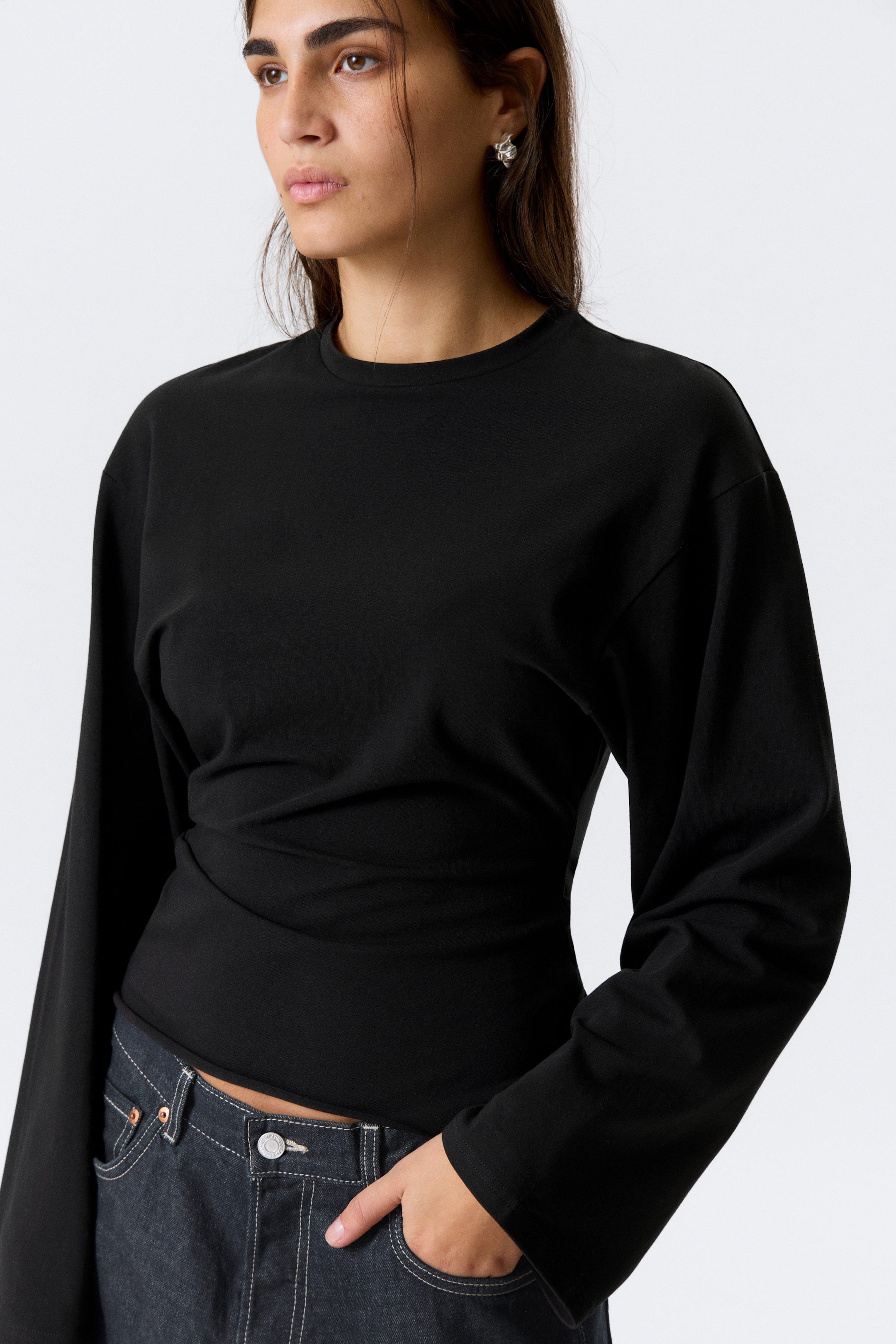 Black - Ruched Long-Sleeved T-shirt - 2