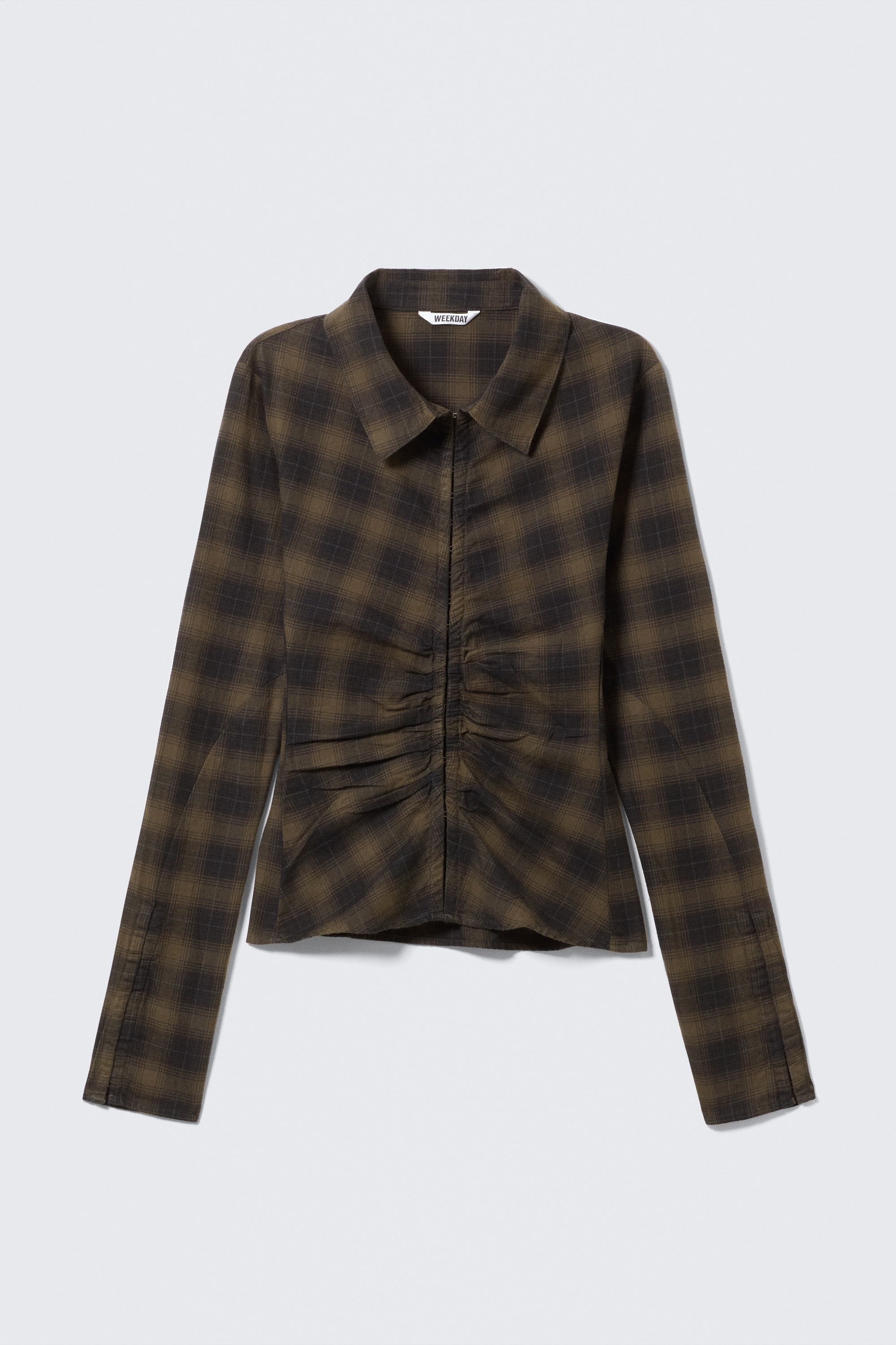 Long-Sleeved Fitted Satin Shirt - Kostkovaná tmavě hnědá/Dark Mole/Black