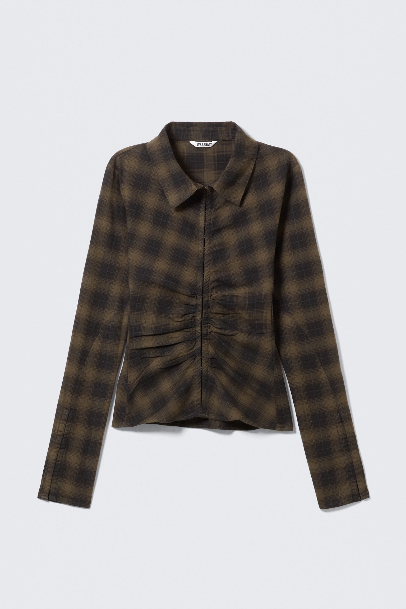 Long-Sleeved Fitted Satin Shirt - Checked Dark Brown - 2