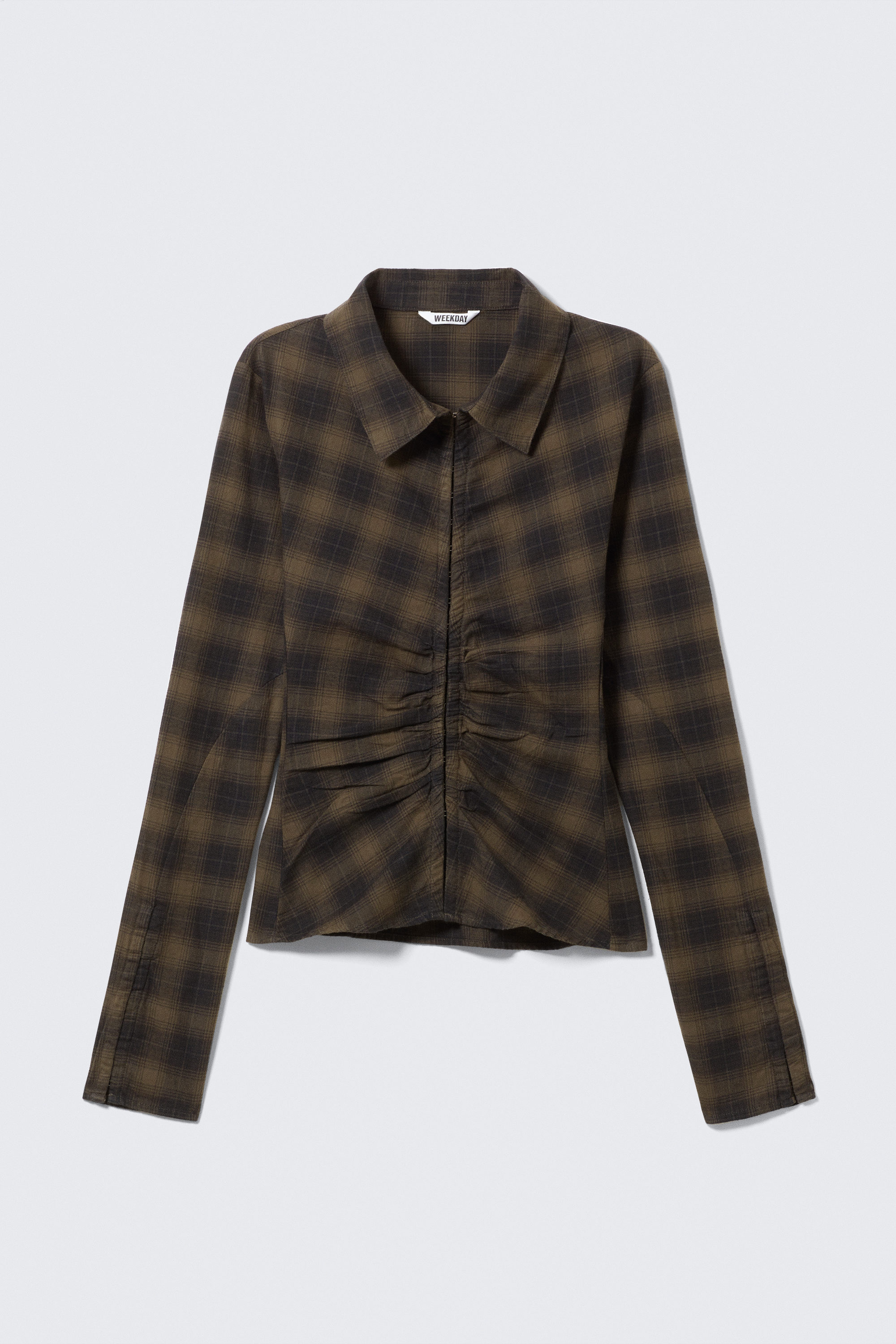 Checked Dark Brown - Long-Sleeved Fitted Satin Shirt - 1