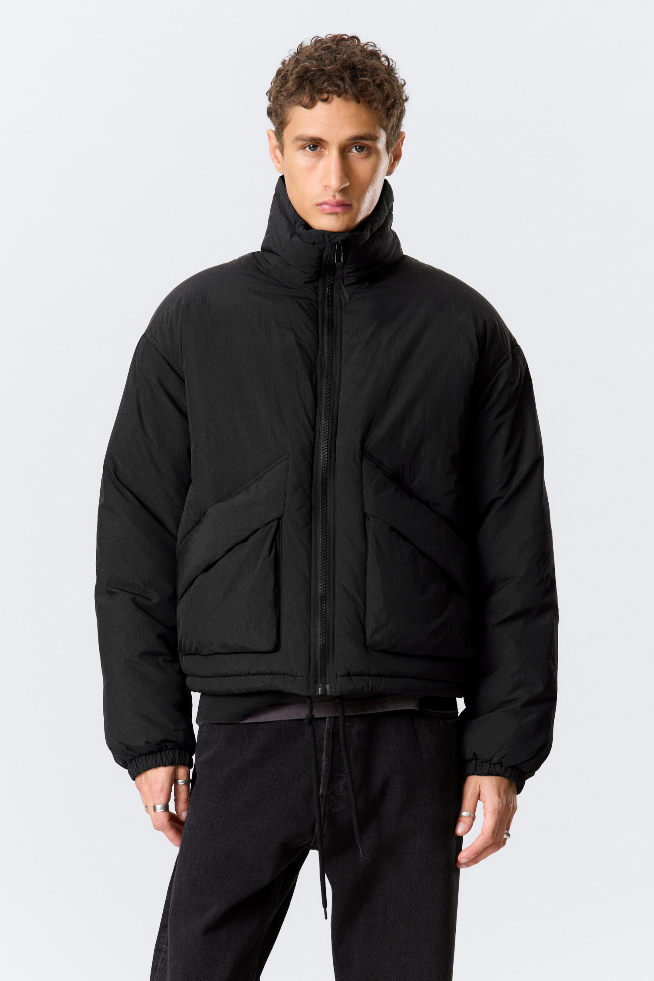 Black - Drawstring Nylon Puffer Jacket - 1
