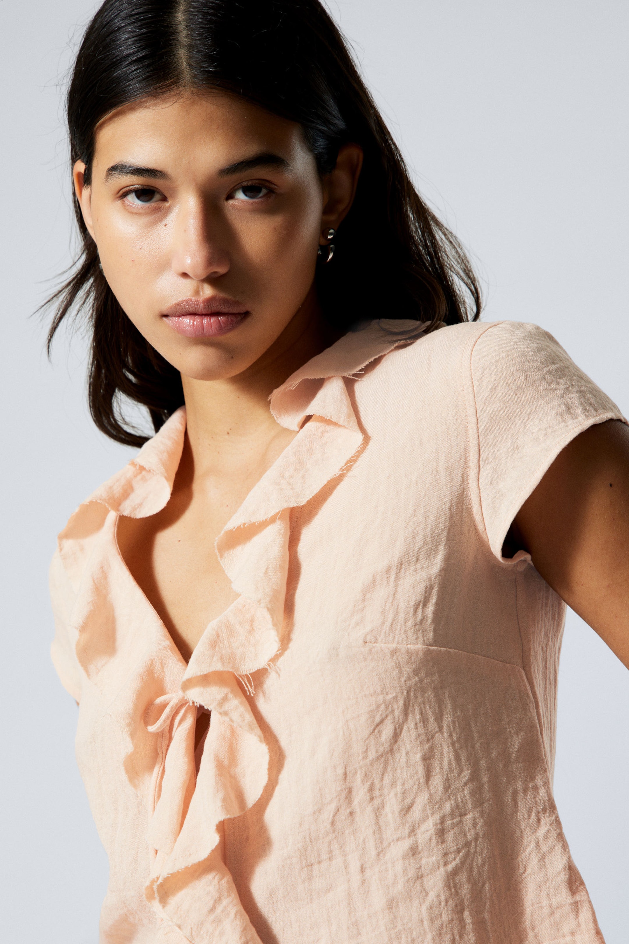 Beige - Frilled Tie-Front Top - 2