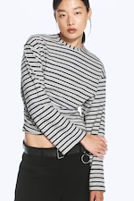 Graumeliert mit Streifen - Gerüschtes Langarm-Shirt - 0