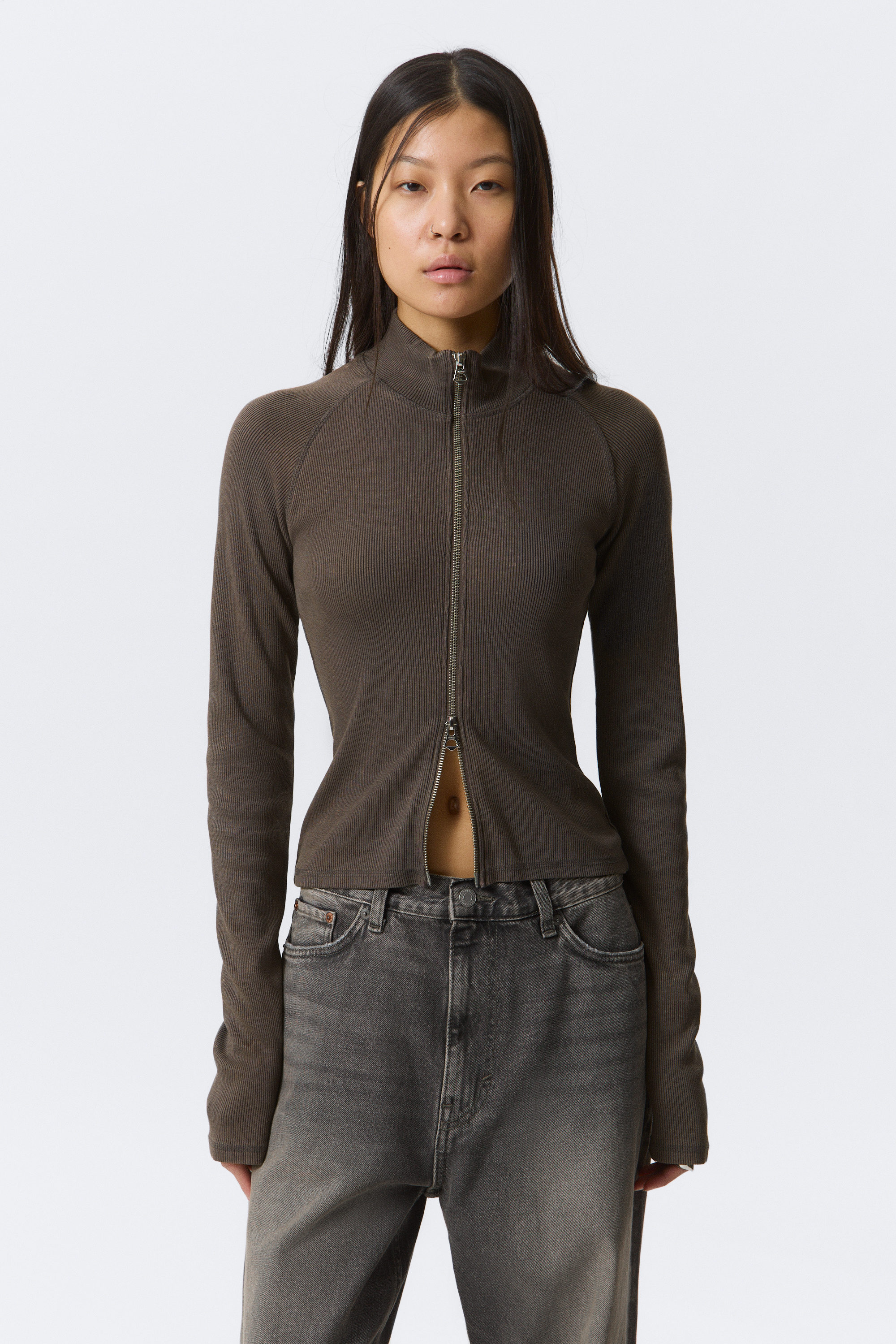 fitted long-sleeved mock-neck zip top - Washed Dark Grey | Weekday WW