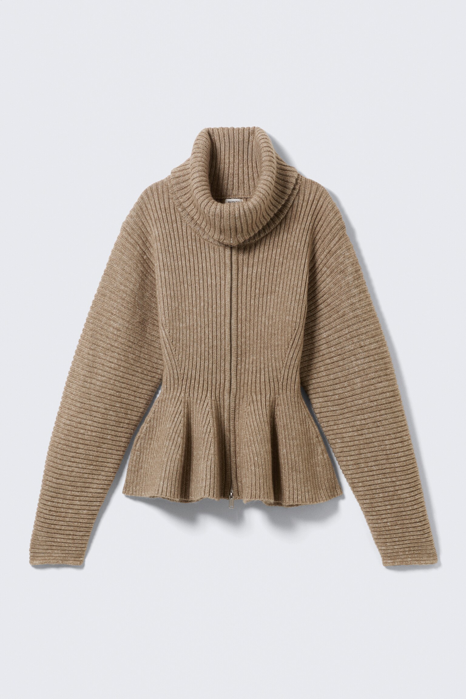 Rib Knit Peplum Zip Sweater - Dusty Mole/White - 2