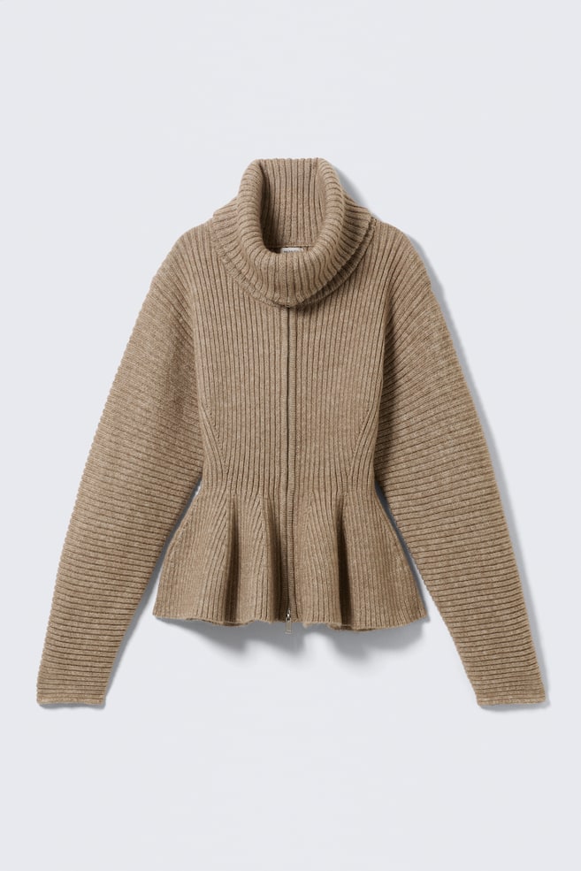 Rib Knit Peplum Zip Sweater - Dusty Mole/White - 1