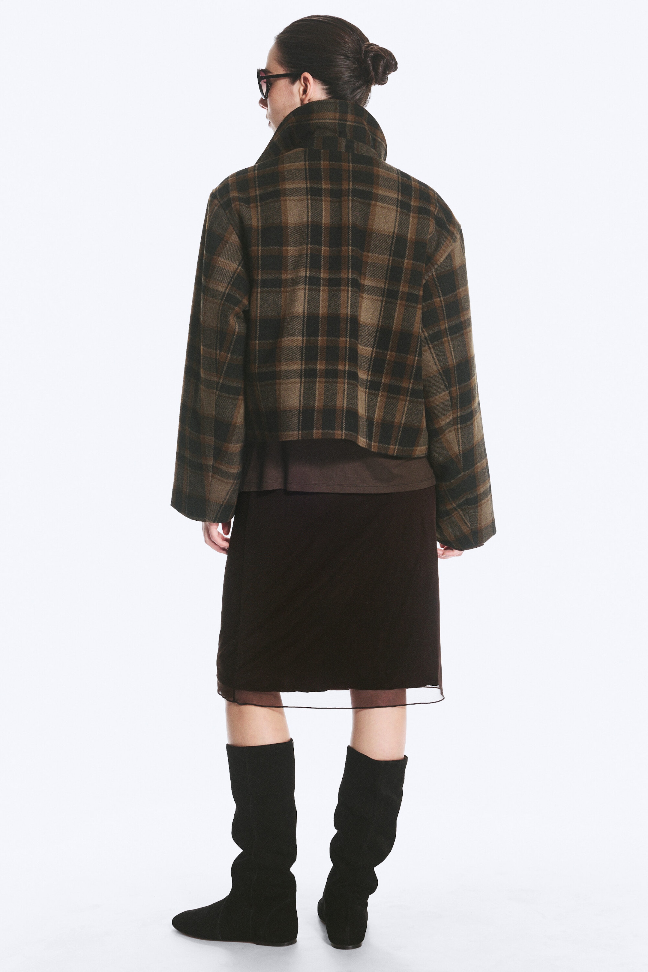 Dark Brown Check - Cropped Boxy Zip Jacket - 3