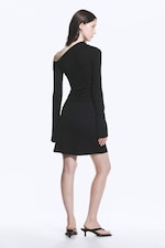 Black - Gathered Mini Long Sleeve Dress - 2