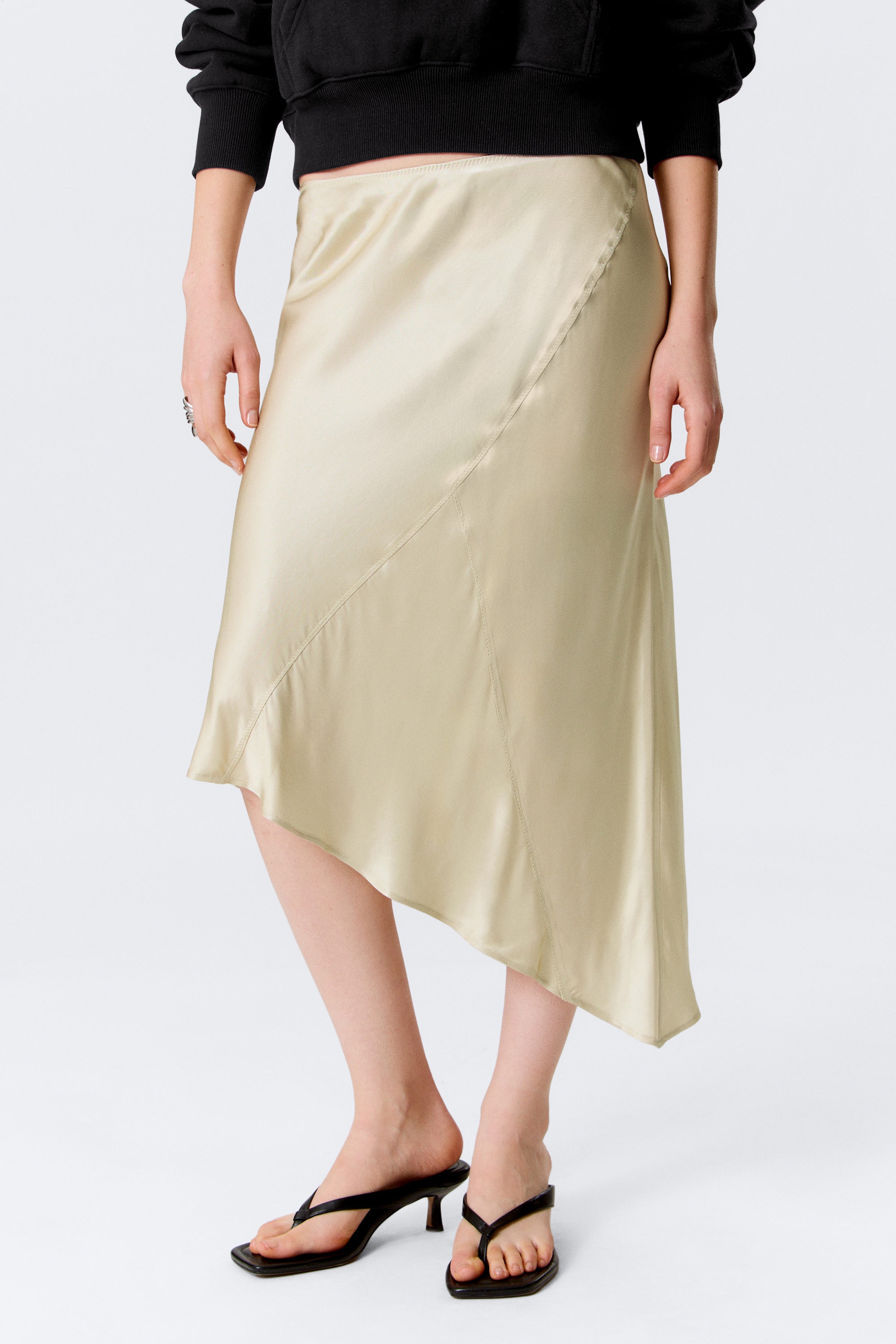 Light Dusty Beige - Low Rise Satin Midi Skirt - 2