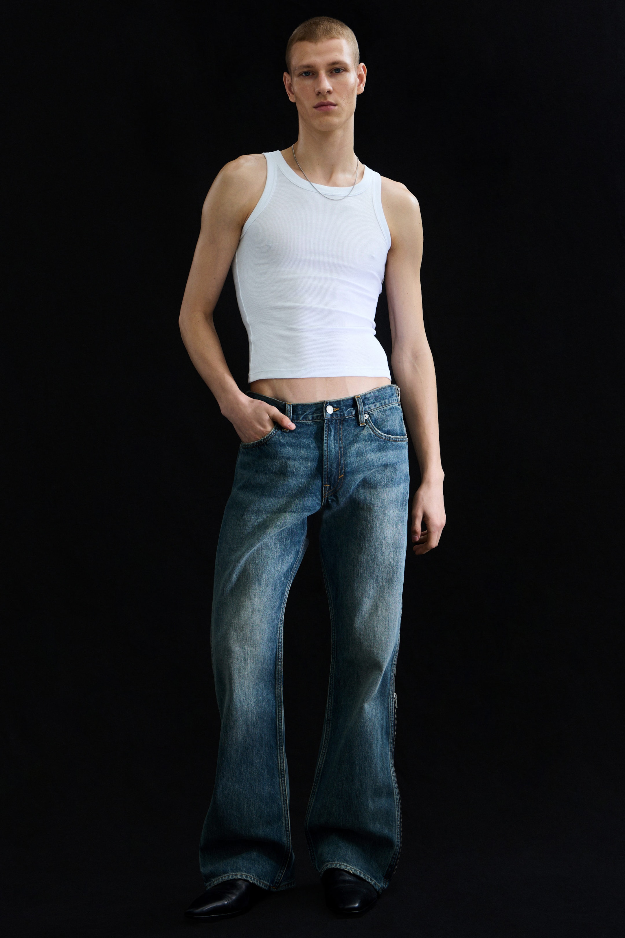 Mid Blue - Medium Blue - Straight Leg Zip Jeans - 2
