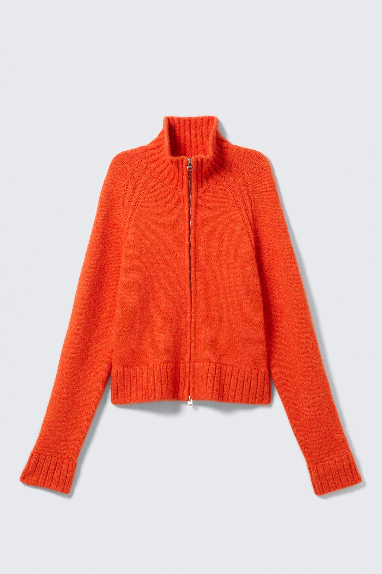 Soft Knitted Fitted Zip Cardigan - Bright Orange/Dark Mossy Green - 2