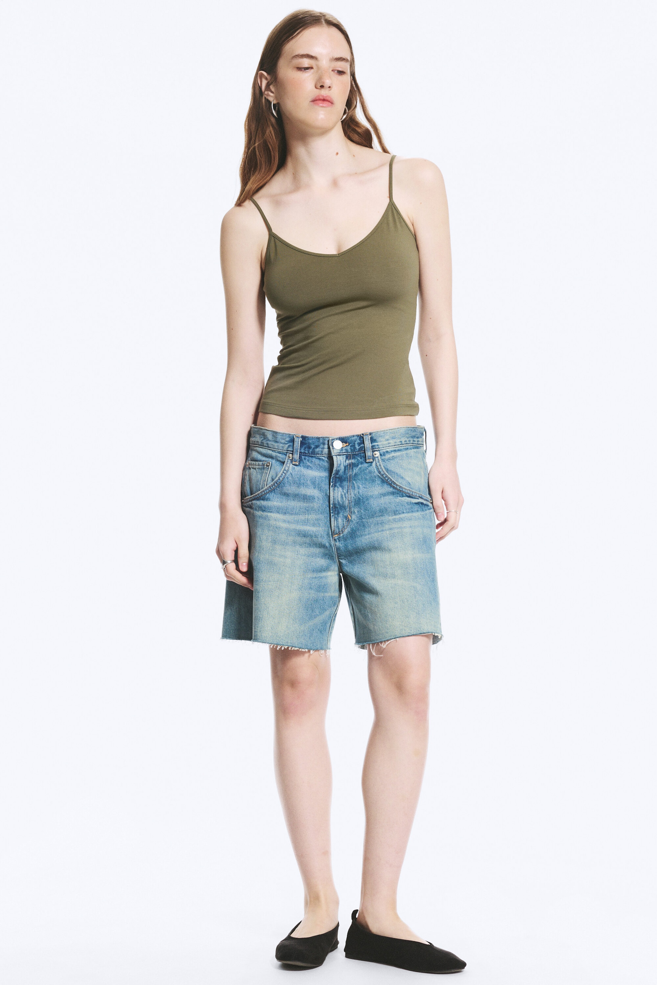 Dusty Khaki Green - Slim V-neck Cotton Singlet - 2