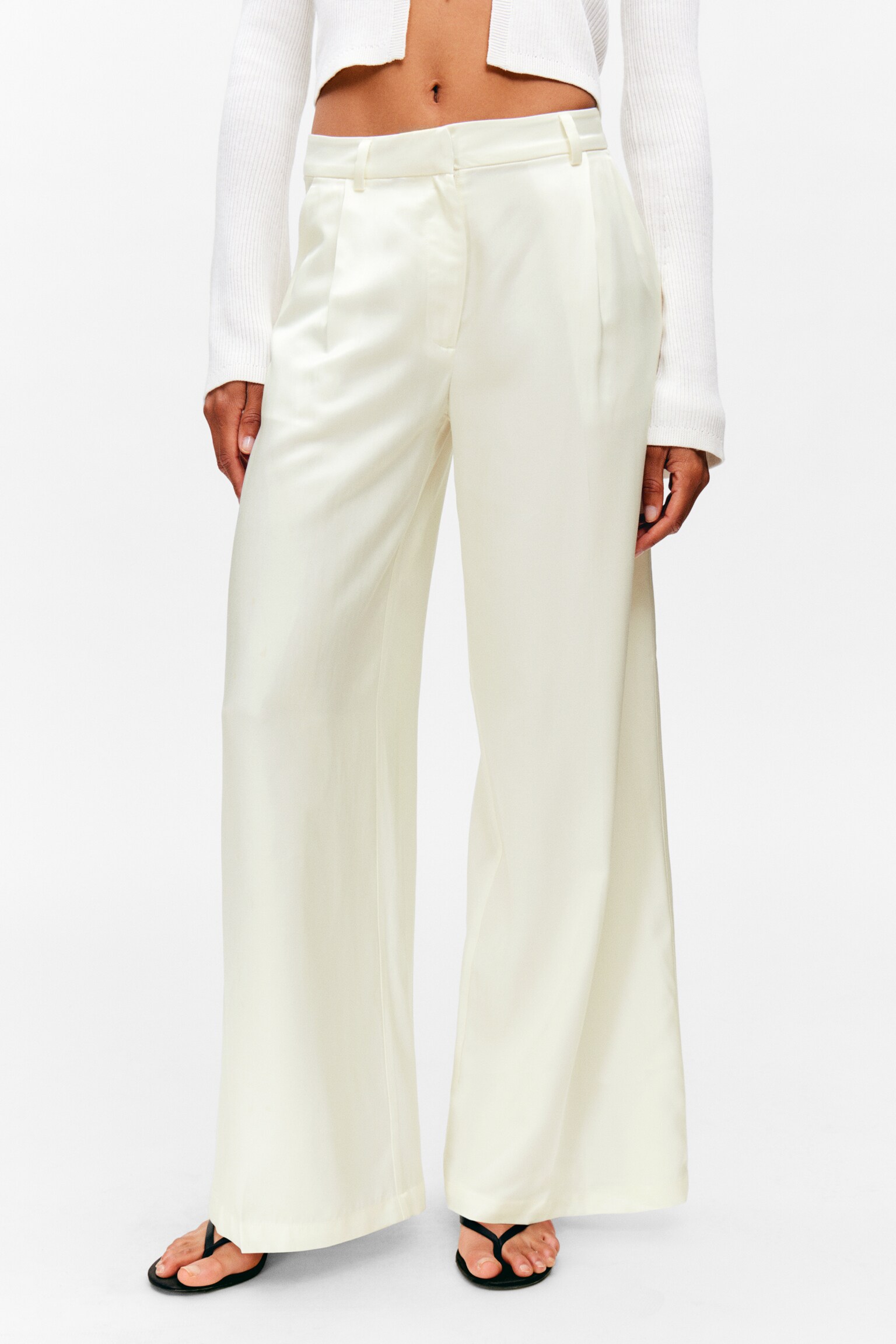 High Waisted Wide Leg Satin Trousers - Hvid/Mørkebrun/Sort - 4