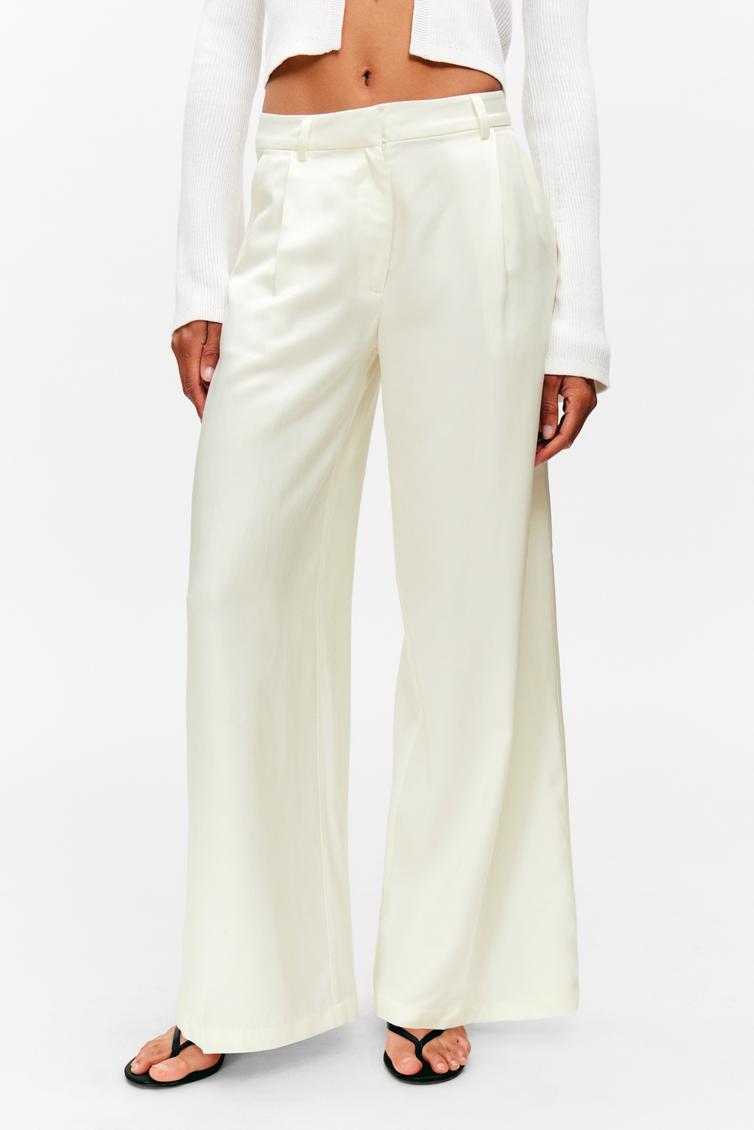 High Waisted Wide Leg Satin Trousers - Biały - 6