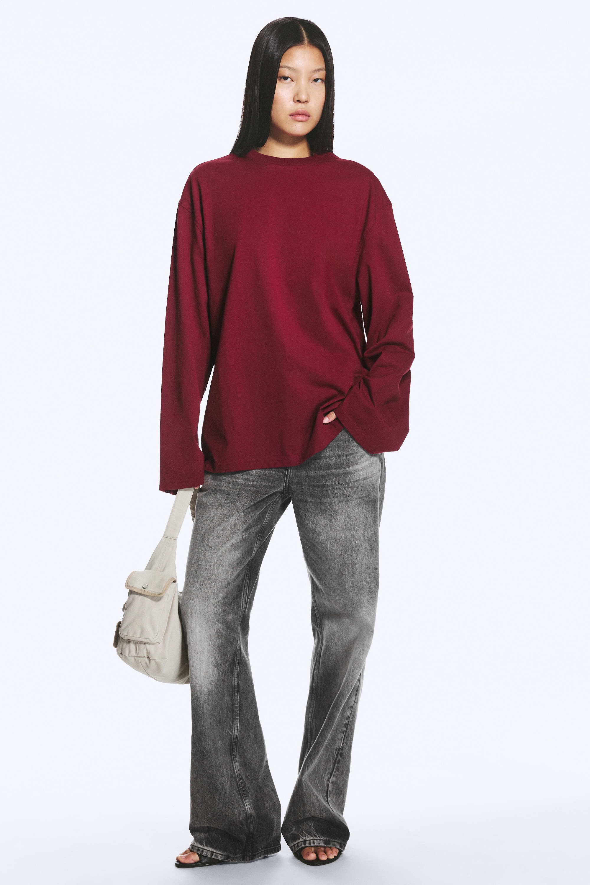 Oversized T-shirt met lange mouwen - Donkerrood/Zwart/Wit/Vaalblauw met wassing