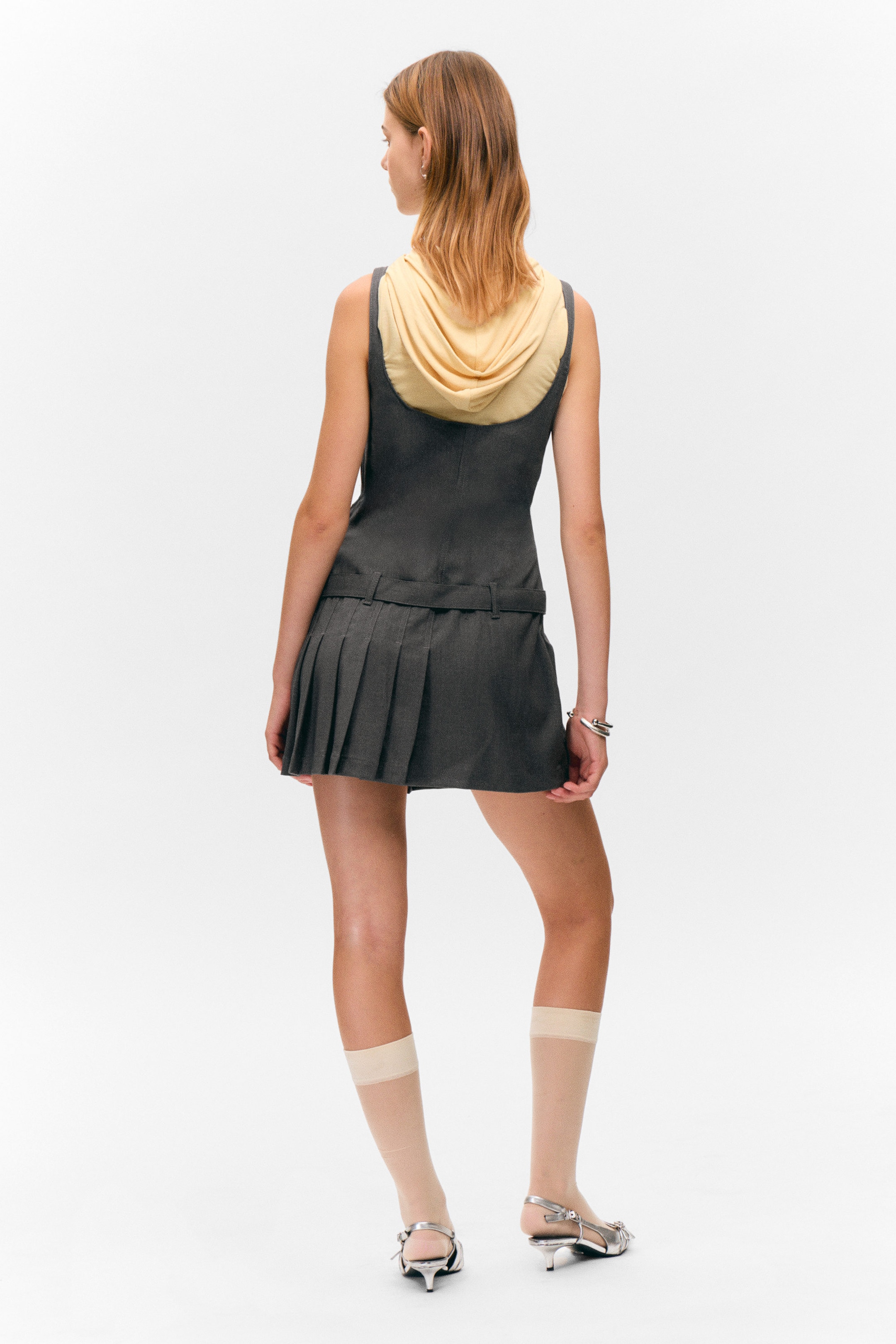 Dark Grey - Belted Pleated Mini Dress - 3