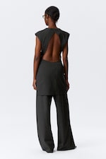 Noir rayé - Robe de tailleur courte drapée à manches courtes - 2