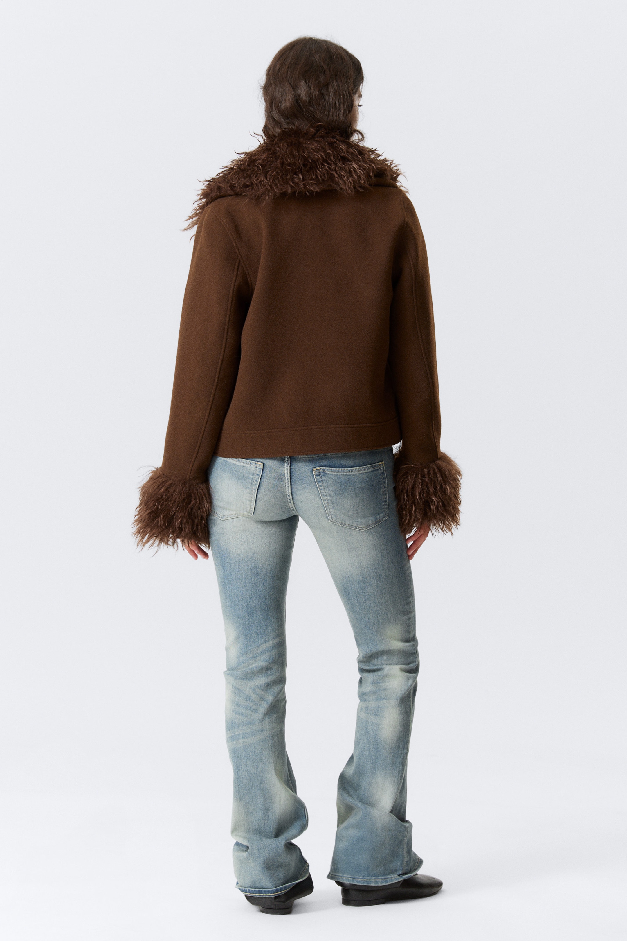 Dark Brown - Cropped Faux Fur Trim Jacket - 3