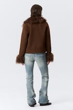 Dark Brown - Cropped Faux Fur Trim Jacket - 3
