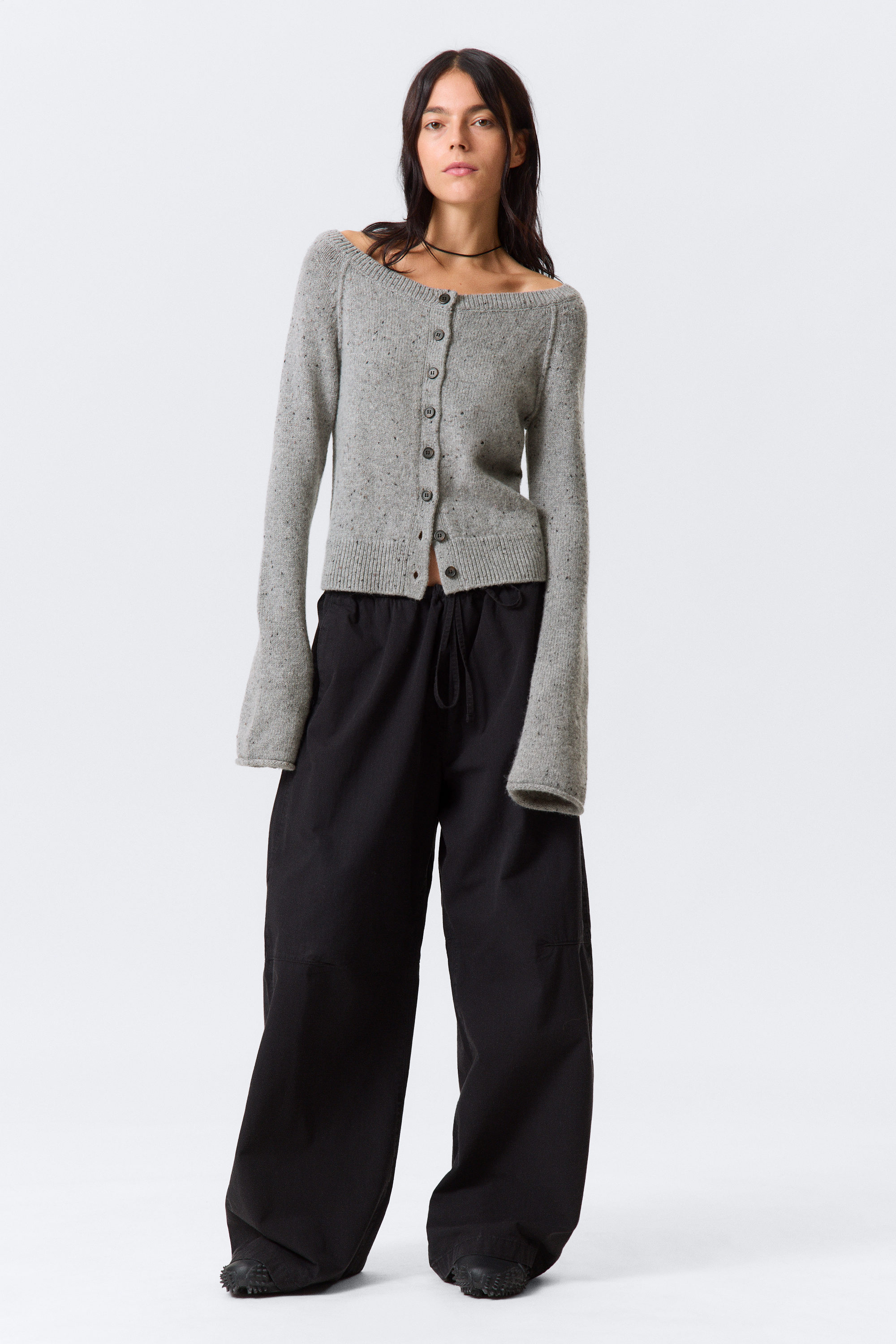 Grau meliert - Strick-Cardigan aus Wollmischung mit Knötchen-Struktur - 2