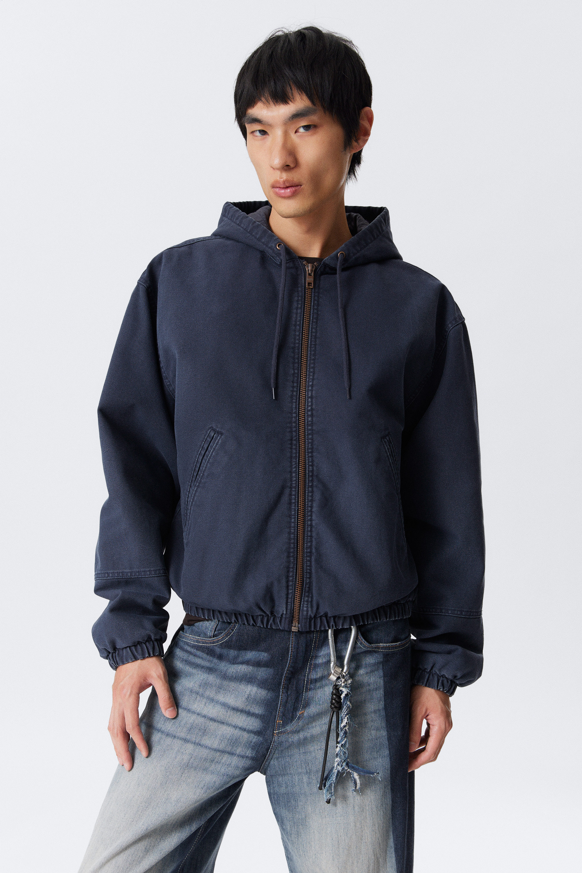 Washed Navy Blue - Relaxed Hooded Bomber Jacket - 2