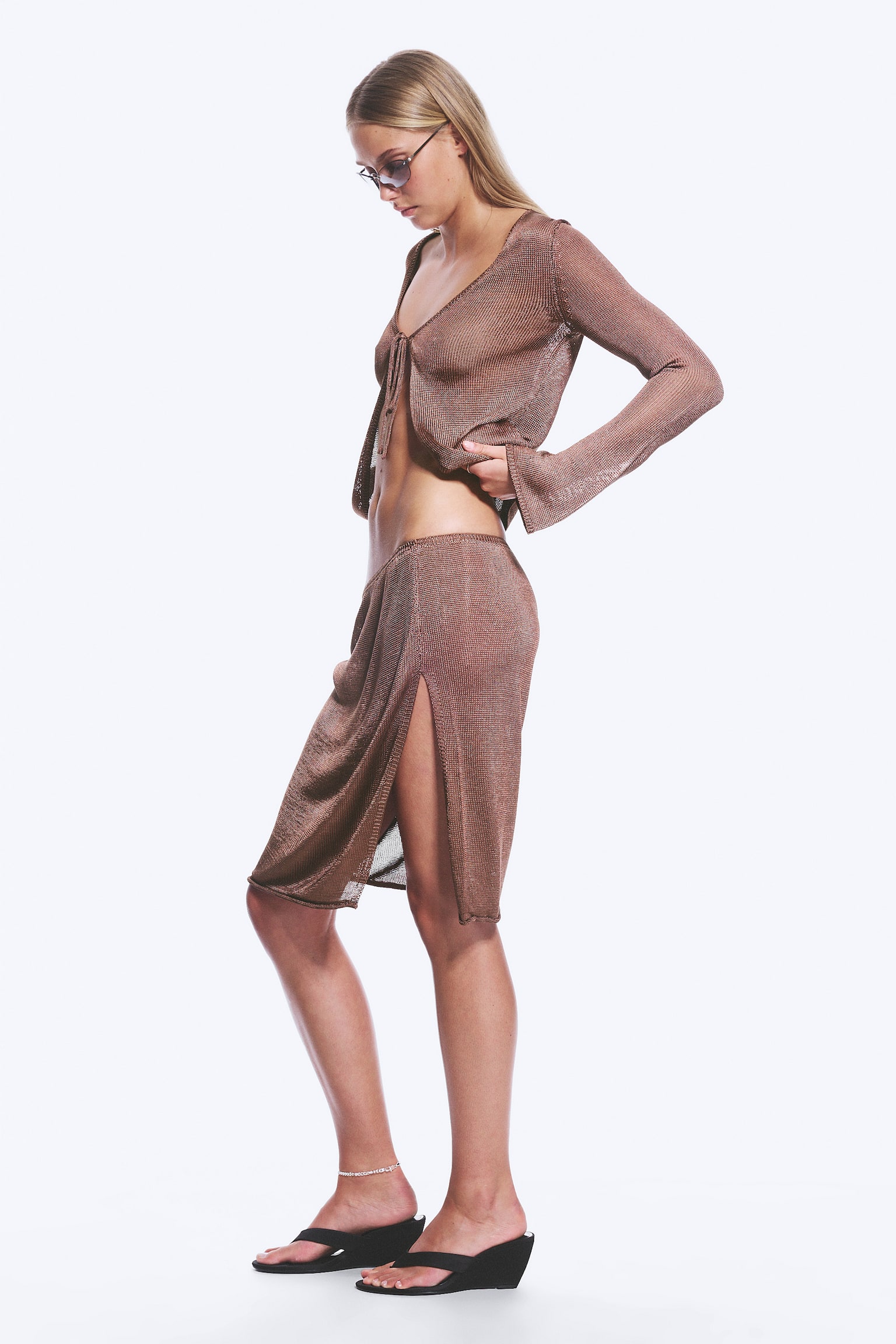 Gebreide midirok met halfhoge taille-Bruin - 6