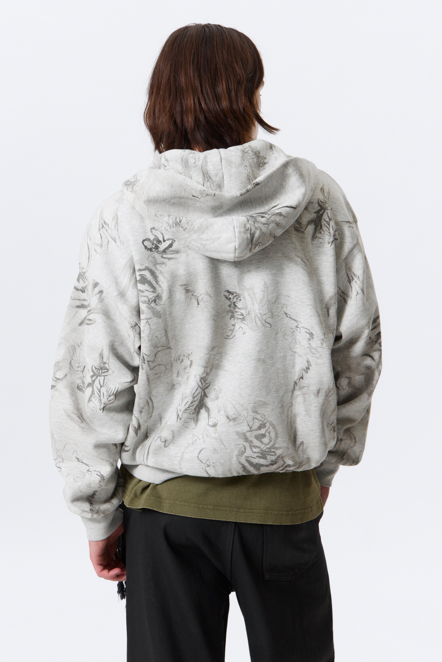 Hoodie met rits en vierkante grafische print - Grey Melange - Scribble Print/Bordeauxrood - 4