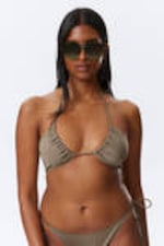 Staubiges Maulwurfsgrau - Gerafftes Neckholder-Bandeau-Bikinioberteil - 0