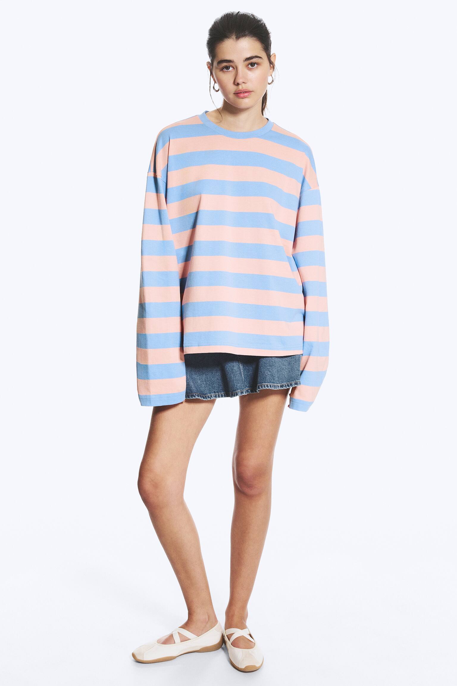 Tricou din bumbac cu mâneci lungi-În dungi roz/albastru - 3