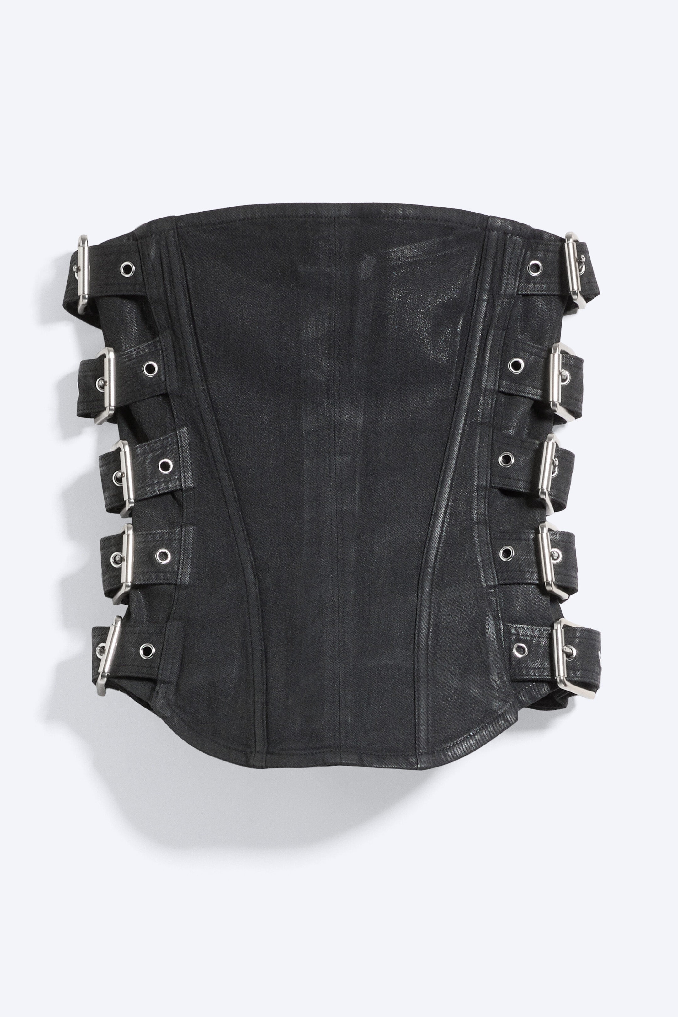 Beschichtetes Schwarz - Korsett-Top aus beschichtetem Denim mit Schnallen - 1