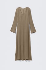 Beige - Sheer Long-Sleeved V-neck Maxi Dress - 0