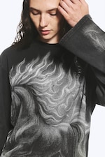 Noir - Imprimé cheval - T-shirt à manches longues graphique oversize - 1