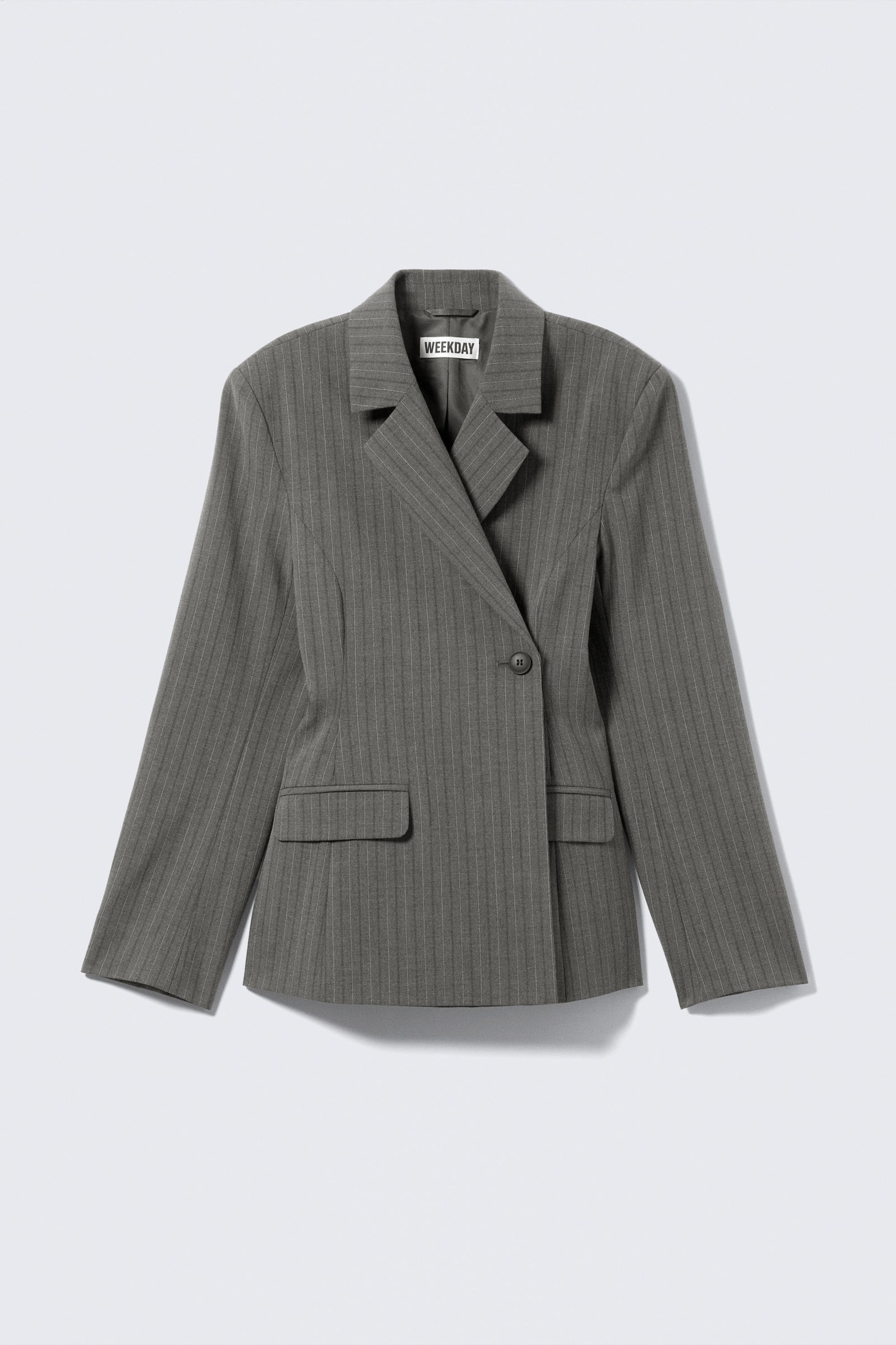 Striped Dark Grey Melange - Double-Breasted Suiting Blazer - 5