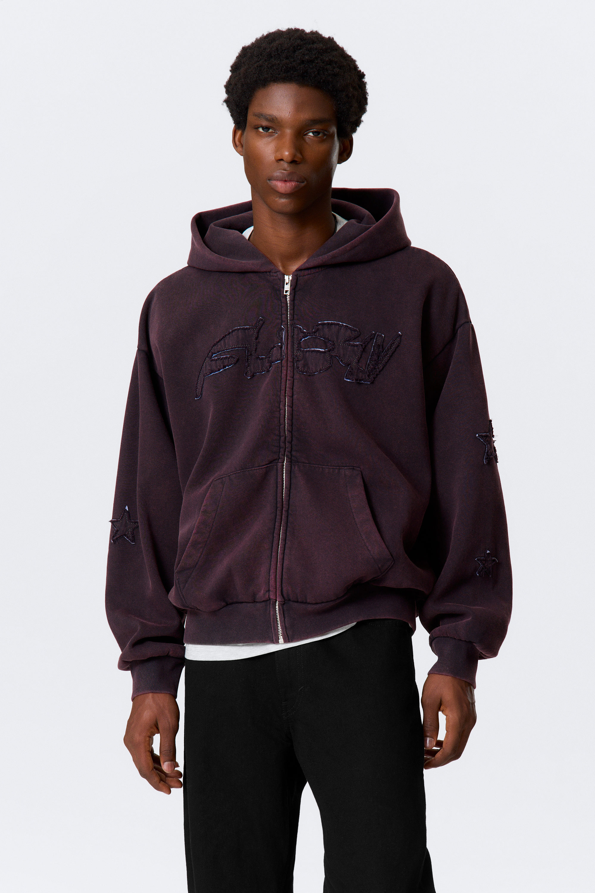 Burgundy - Square Graphic Zip Hoodie - 2