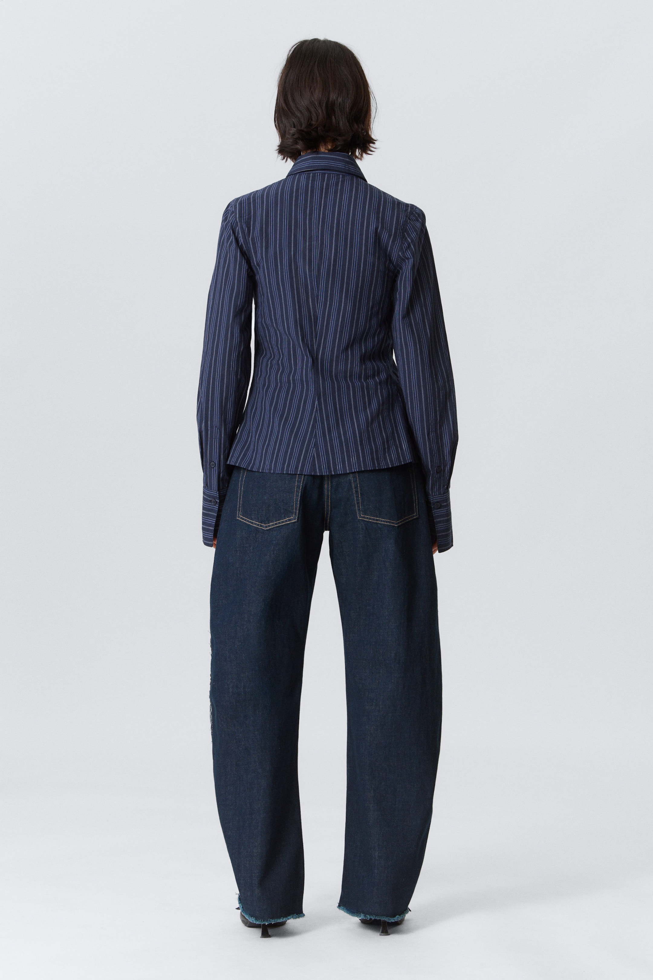 Striped Dark Blue - Asymmetric Fitted Poplin Shirt - 3