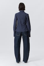 Striped Dark Blue - Asymmetric Fitted Poplin Shirt - 3