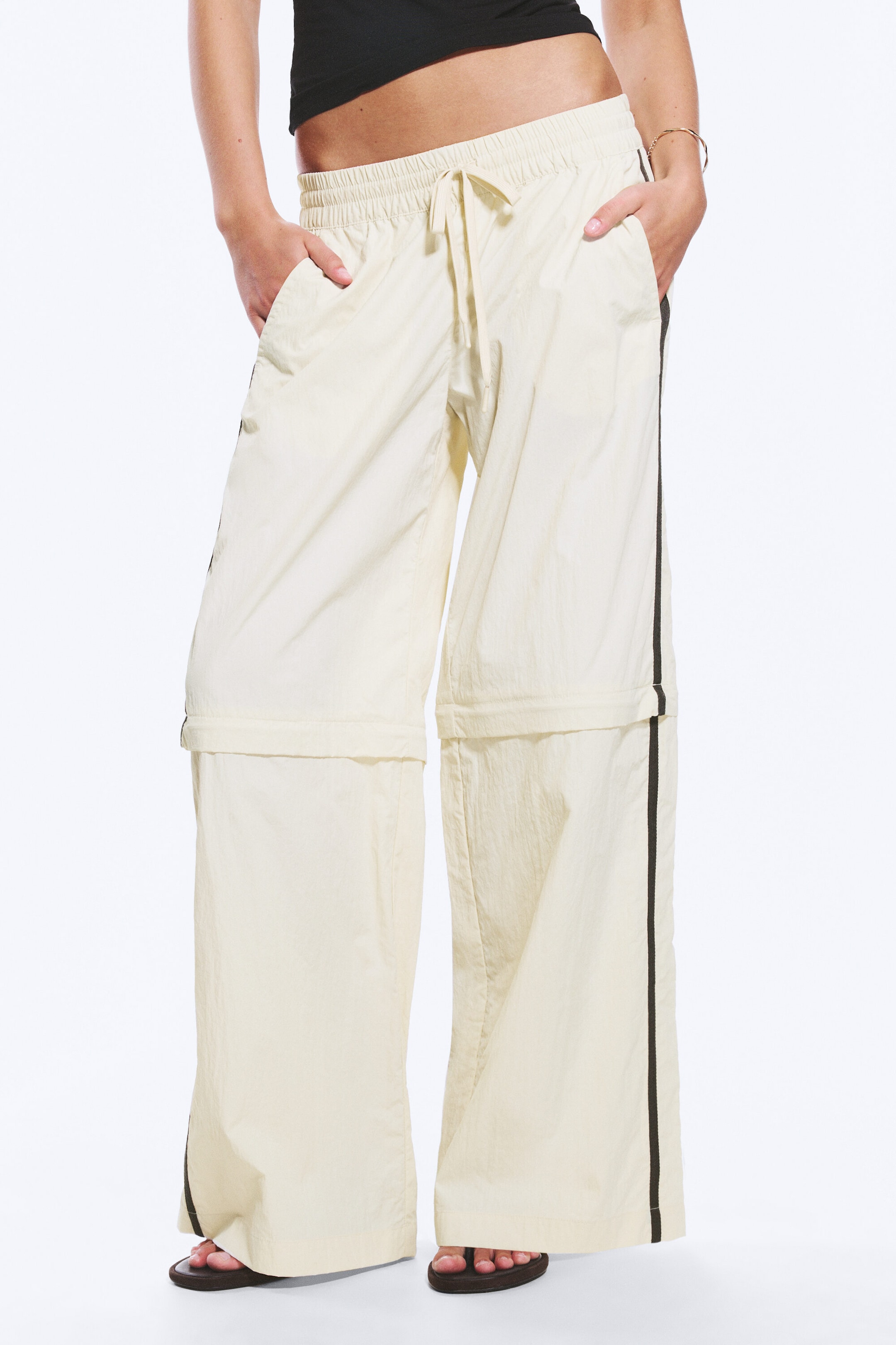 Beige - Black Stripe - Zip-off Nylon Track Trousers - 2