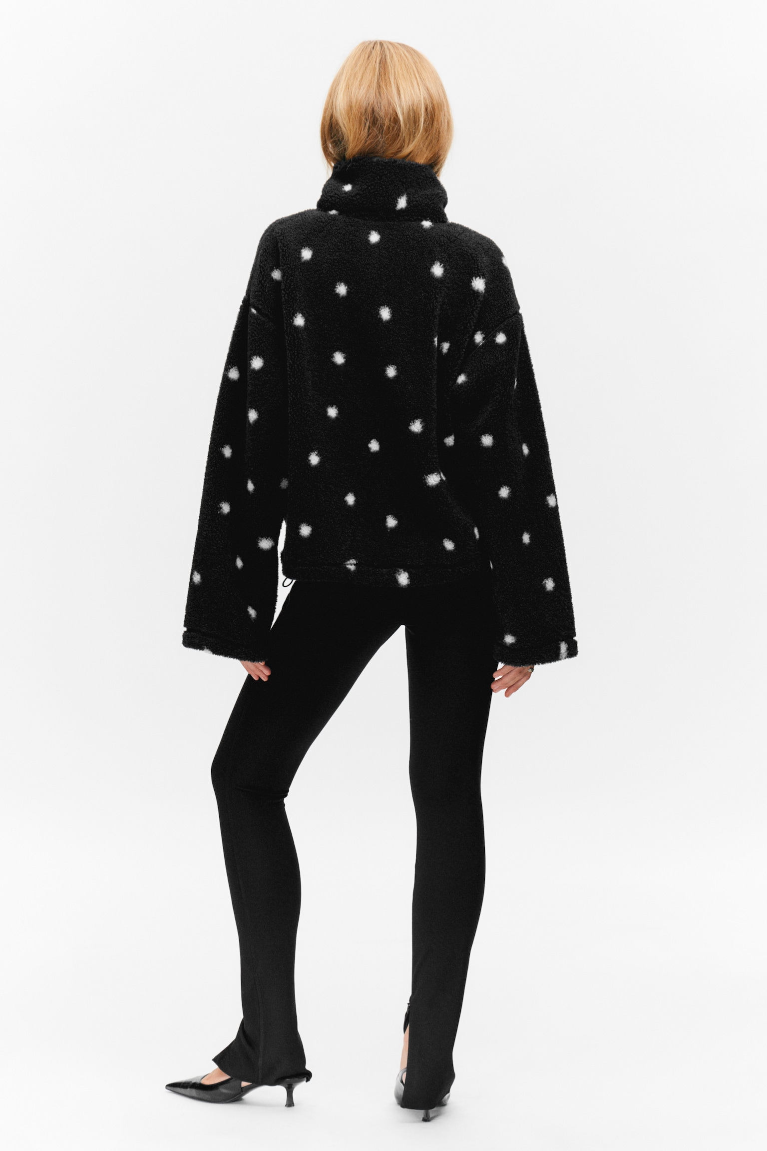 Pile Fleece Zip Jacket - Dotted Black/Beige - Brown Floral Print - 4