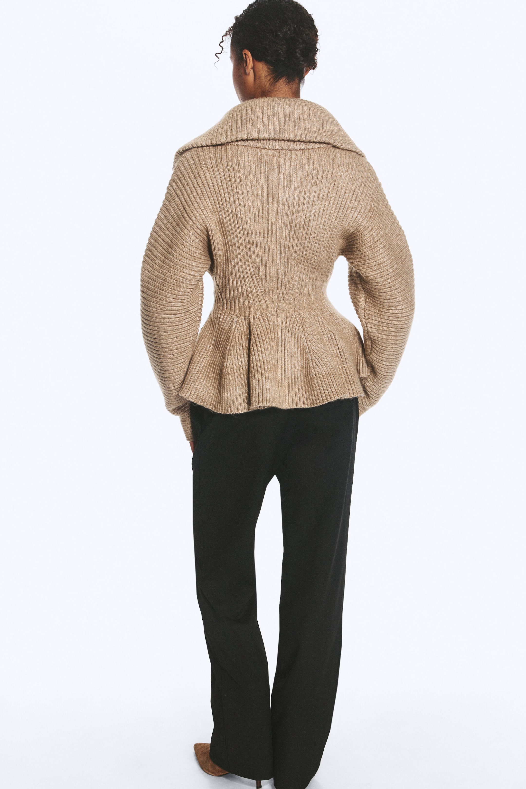 Taupe cendré - Pull zippé péplum en maille côtelée - 3