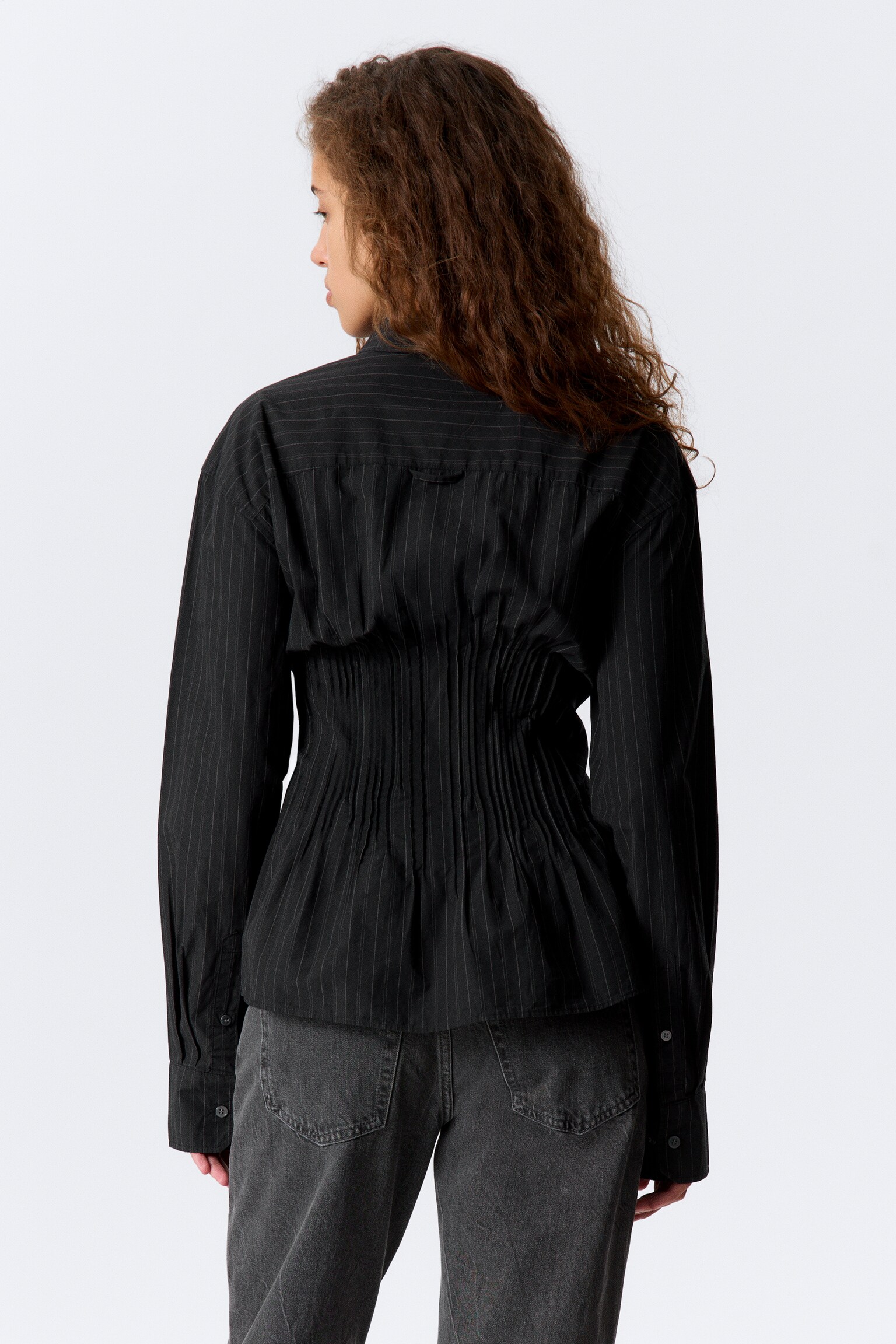 Gathered Waist Cotton Poplin Shirt - Striped Black/White/Black - 4